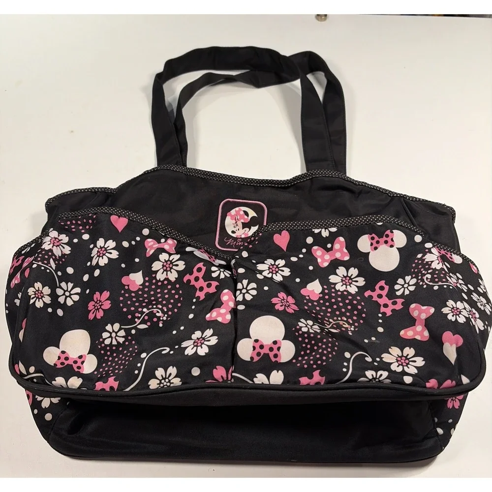 Diaper Bag Baby Bag Disney Minnie Mouse Black Pink White 8 Pockets Set 19